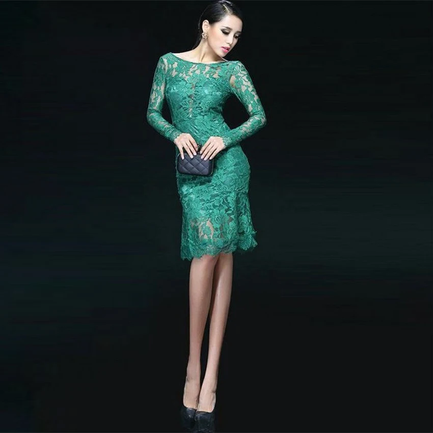 Elegant Cocktail Dresses New Design Straight Lace Scoop Full Sleeves