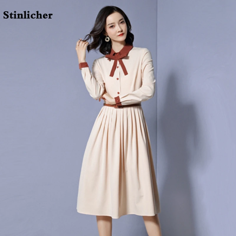

Stinlicher 2019 Spring Elegant Women Dress Turn-down Collar Bow Long Sleeve Pleated Shirt Dress Women Office Ladies Midi Dress