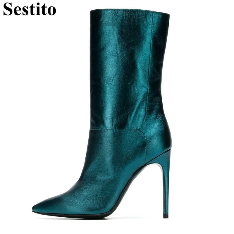 

2018 Fashion Green Black Pointed Toe Short Boots Woman Super High Thin Heels Mid-Calf Boots For Women Slip-on Casual Women Shoes
