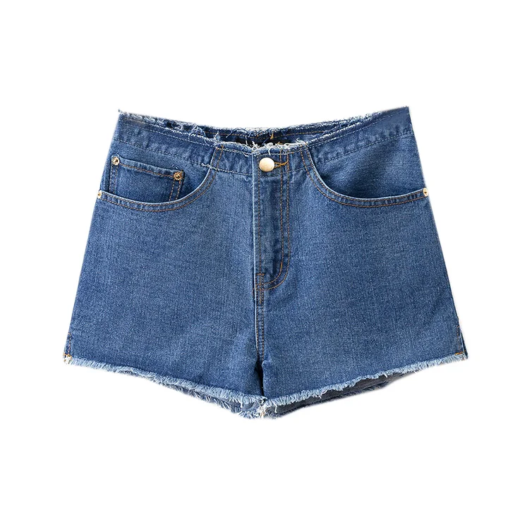 

2017 new summer European style slim slim denim shorts female hem burr Double Pocket Shorts solid