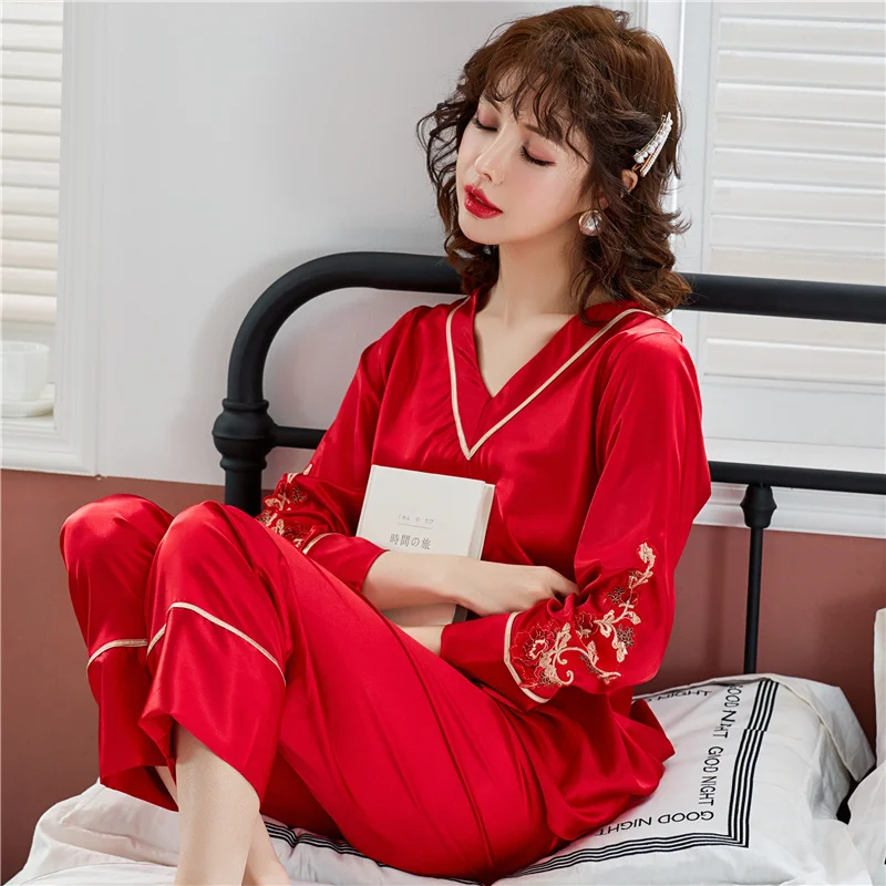 Высококачественная Шелковая пижама для женщин с длинными рукавами, брюки, женская пижама с вышивкой на рукавах, Пижама для женщин, Удобный домашний костюм - Цвет: Красный