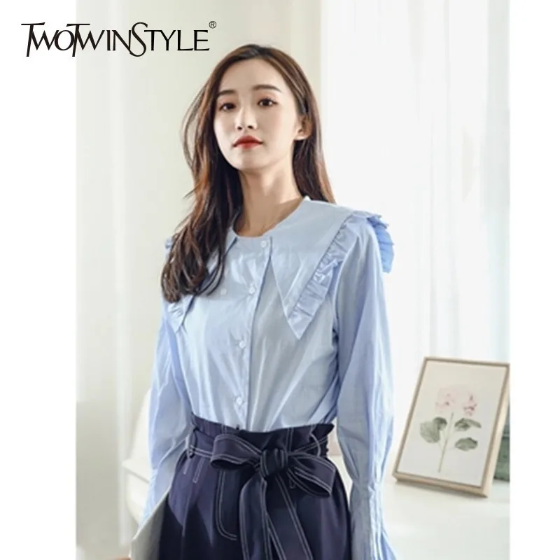 TWOTWINSTYLE Striped Tops Female Large Size Flare Long Sleeve Peter Pan Collar Patchwork Shirt For Women 2018 Autumn Fashion New |