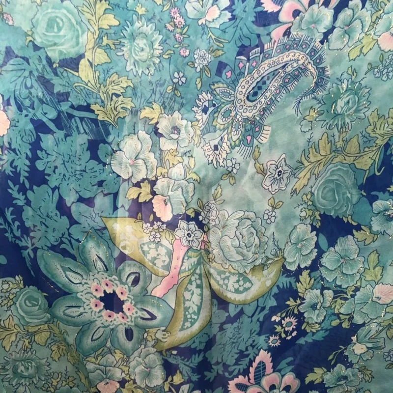 

150cm width 75D printed chiffon fabric blue paisley with gold thread for summer clothes and dress CH-025