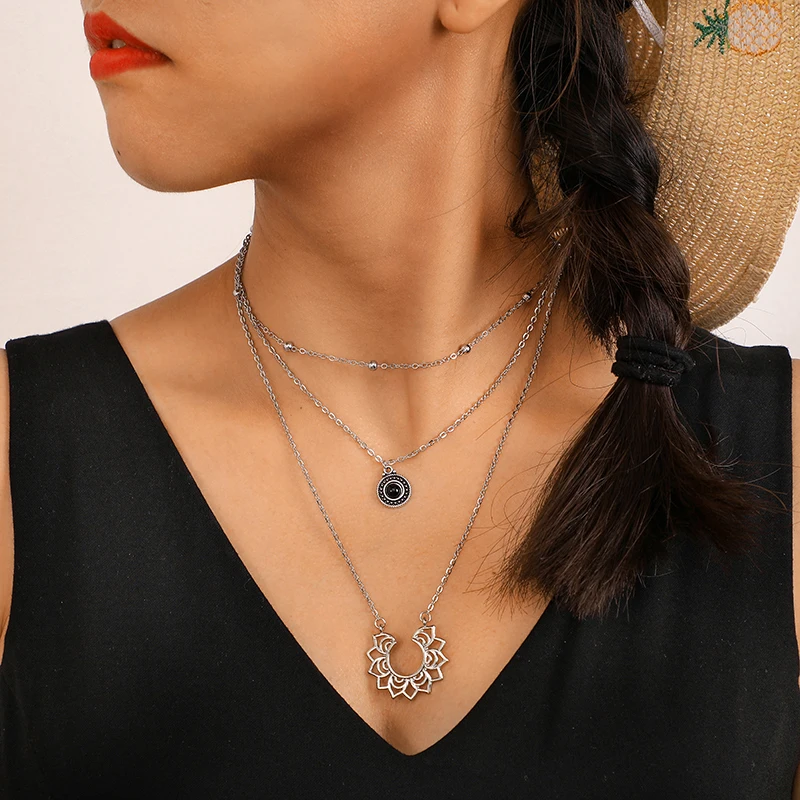 

docona Retro Hollow Flower Black Rhinestone Multi Layer Necklace for Women Carving Long Chains Pendant Necklaces Collar C12406