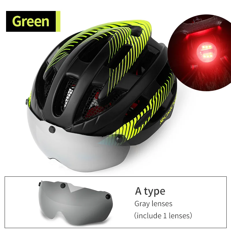 Coolсмена велосипедный шлем MTB сетка от насекомых цельный литой мужской женский велосипедный шлем с светильник ветрозащитные очки - Цвет: A Green 1 lenses