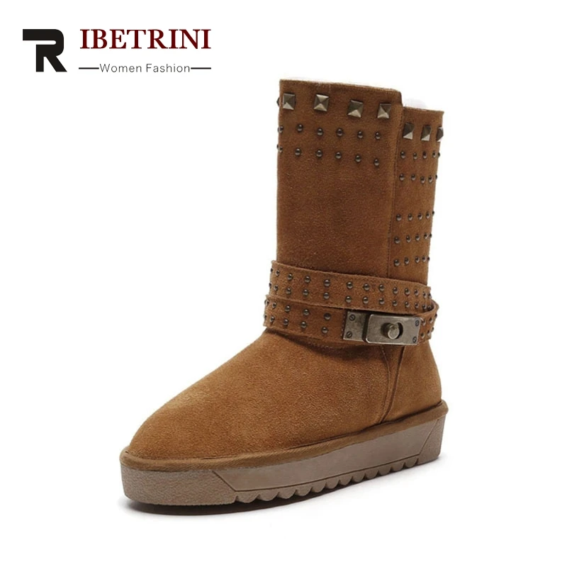 

RIBETRINI 2017 Cow Suede Casual Snow Boots Warm Plush Large Size 33-43 Rivets Women's Shoes
