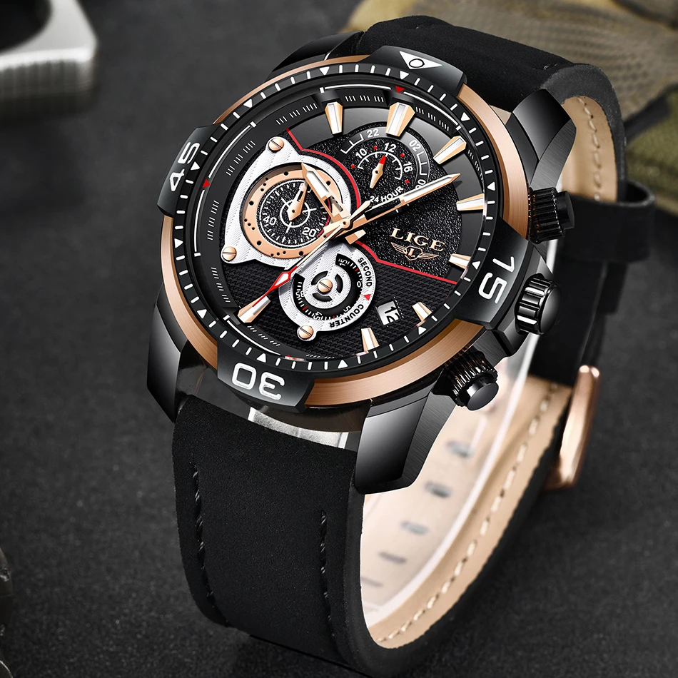 LIGE для мужчин s часы лучший бренд класса люкс кожа кварцевые часы мужской спорт водостойкие часы подарок золотые часы модные для мужчин