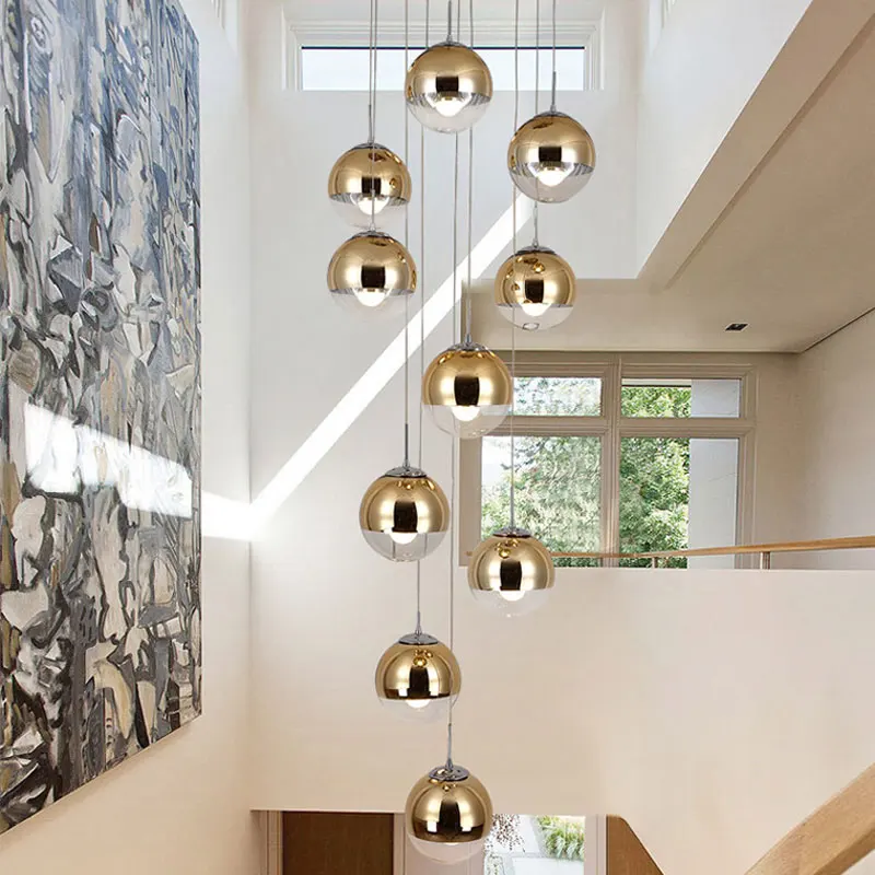 

led Pendant light Modern Nordic Creative Stair Lamp Living Room Glass Ball Hanging Lamp Long Pendant Lamp Cord Double Staircase
