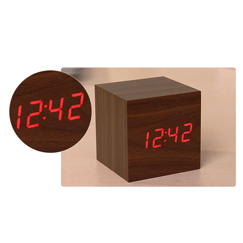

Cube LED Wooden Alarm Clock Modern Sound Control Square Desktop Table Digital Retro Glow Clock