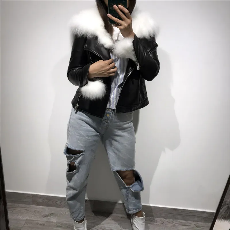Col Cuir Fourrure Dames Réel Femmes Veste En Noir Véritable De Y6FqH6