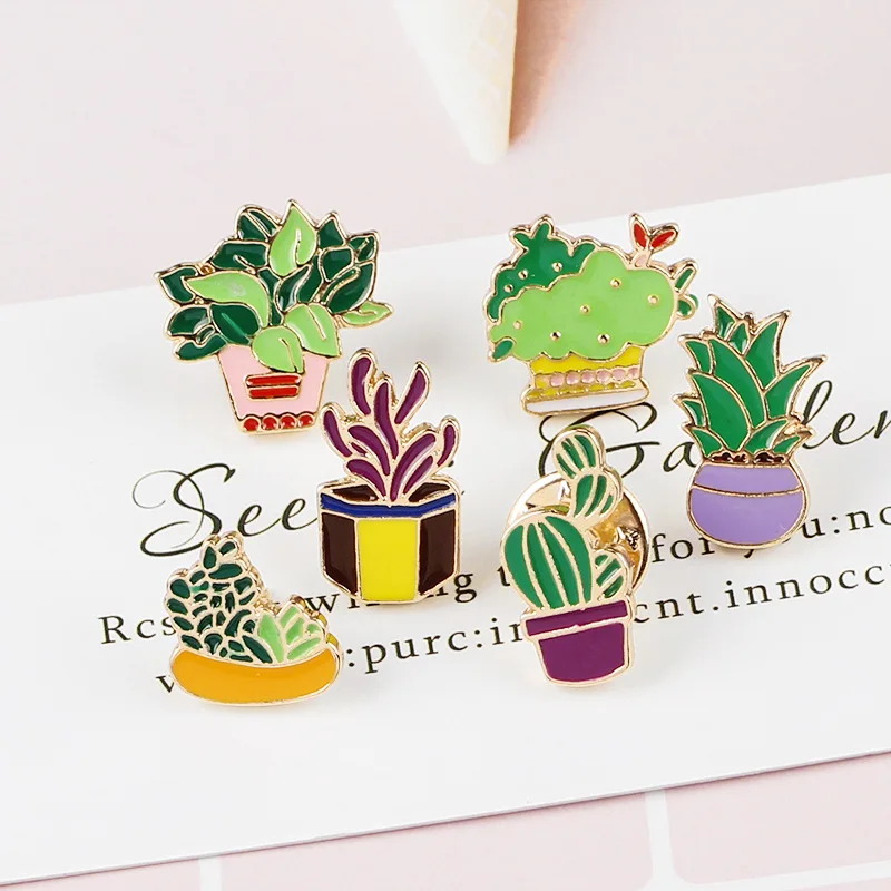 

Fashion Cartoon Cactus Brooch Cute Mini Plant Flowerpot enamel Lady Denim Jackets Badge Hat Badge Child Jewelry Accessories