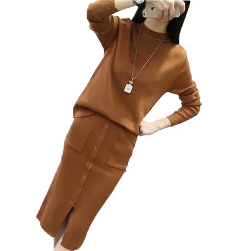 

Autumn Winter Women Sweater Dresses 2 Pieces Set Knitwear Button Dress+Long Sleeve Pullover Female Casual Tops Knitted Suit Z112