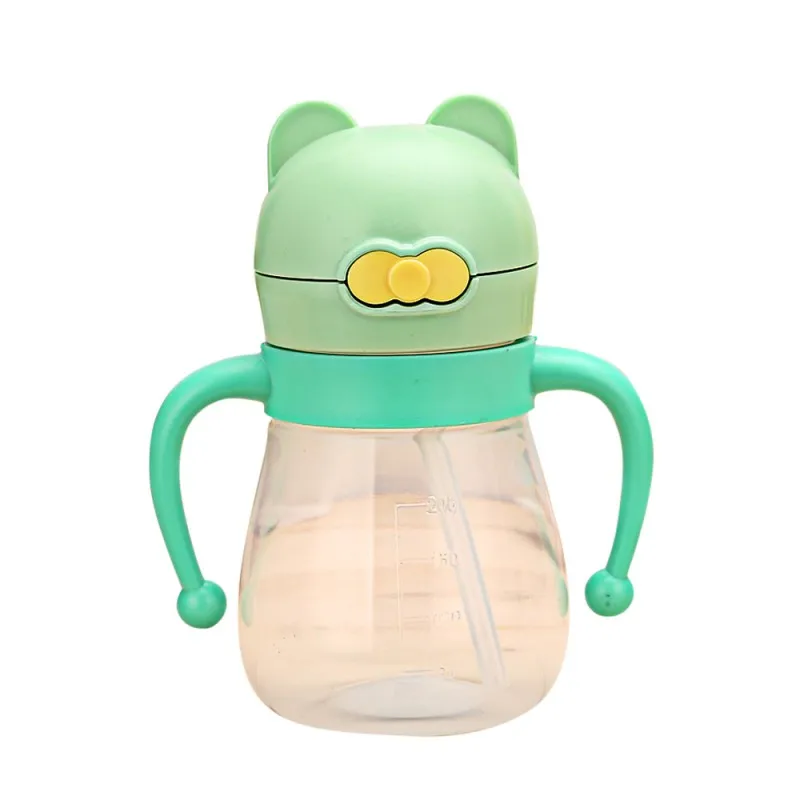 200ML Cute Cat Head Baby Drinking Bottle With Handle Straw Leakproof Training Learning Water L |