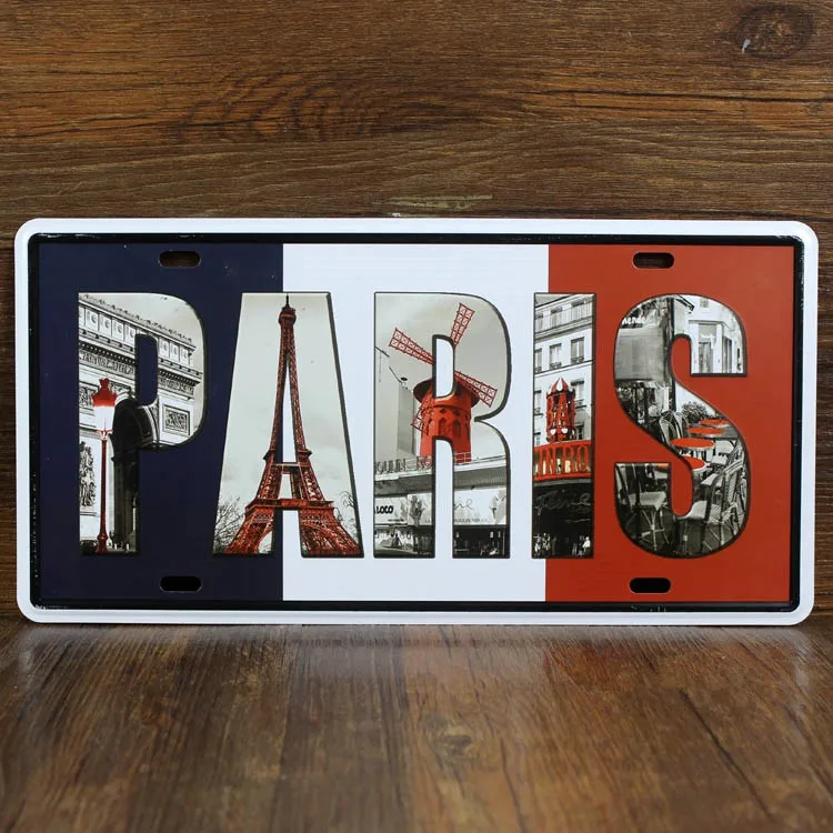 

RONE143 NEW 2015 letter slogan" PARIS in france" Metal vintage License Plate number tin signs cafe pub wall decor 30*15 CM