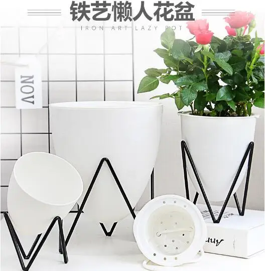 

2set,Ins Nordic flower pot wrought iron vase simple iron frame flower stand plastic lazy flower pot,Smart flower pot
