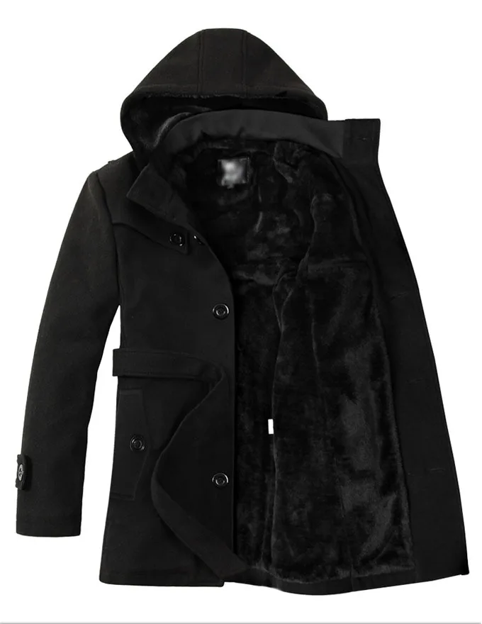 Fashion Men Detachable Hoody Wool Blend Trench Coat With Belt, Very