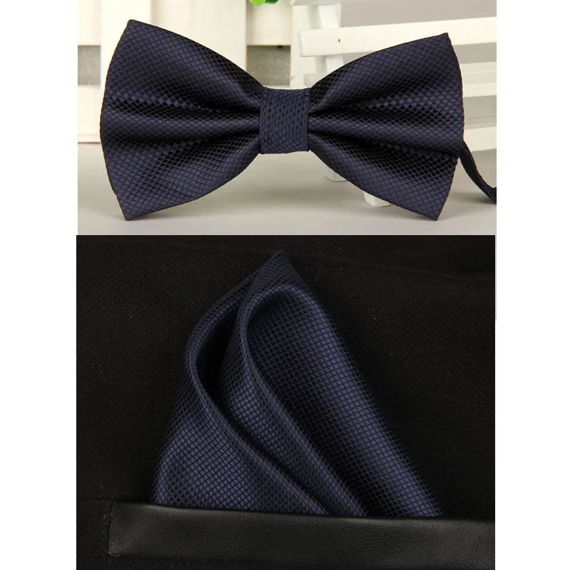Navy blue SHENNAIWEI Шелковый однотонный деловой галстук-бабочка для мужчин, винтажный фиолетовый, черный, желтый, серебристый Свадебный галстук-бабочка, карманный квадратный платок, набор, lote - Цвет: Navy blue