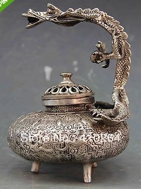 

5.5 Tibet Buddhism White Copper Silver Dragon Censer incense burner Statue discount 30%