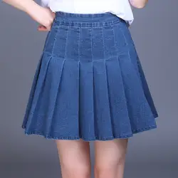 2019 Летняя женская однотонная джинсовая мини-юбка с завышенной талией, плиссированная юбка в Корейском стиле, консервативный стиль