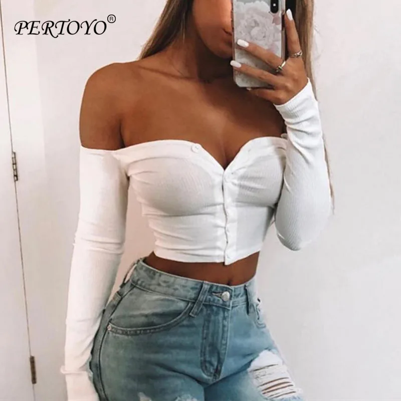 

PERTOYO Off Shoulder Top Women Long Sleeve Strapless Short T-Shirt Autumn Long Sleeve Slash Neck Sexy Cropped Top Female Tops