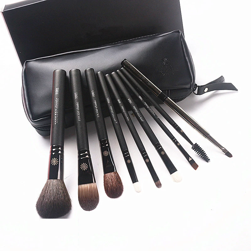 Korean Fashion 9Pcs Goat Hair Makeup Brushes with Leather Case Professional Eyebrow Lip Nose