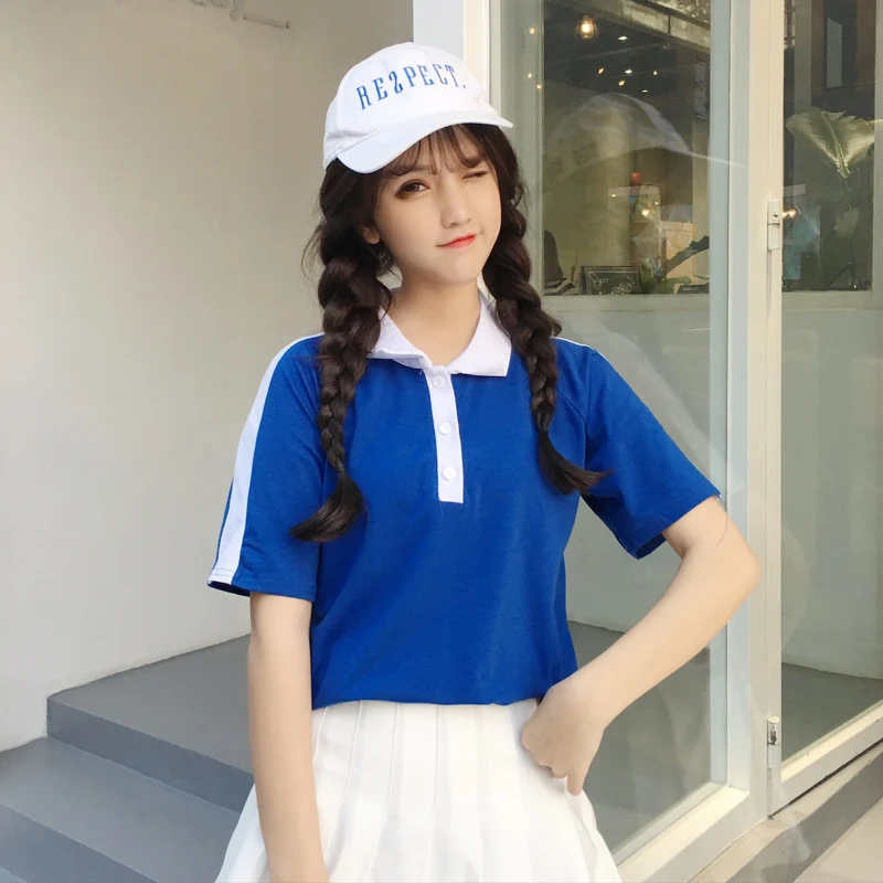 

Three Colors Summer Sweet New Cotton T Shirt Women Cute Turn-down Collar Short Student T Shirt Half Sleeve Striped Tops Female