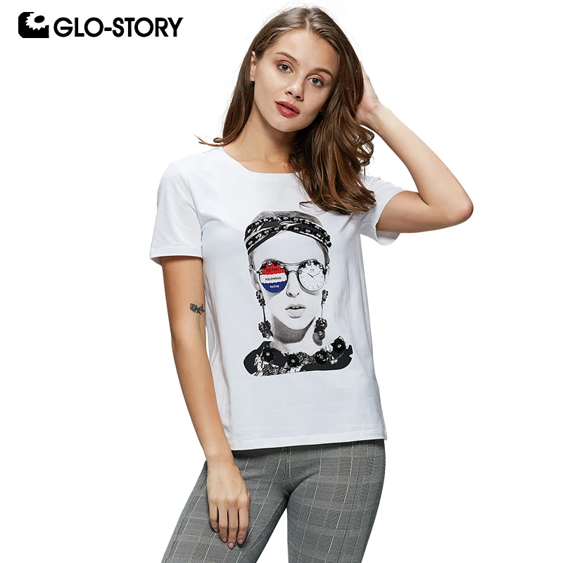 

GLO-STORY 2019 New Summer Ladies Streetwear Beading Character White T-Shirts Short Sleeve Women Tops European Style WPO-8157