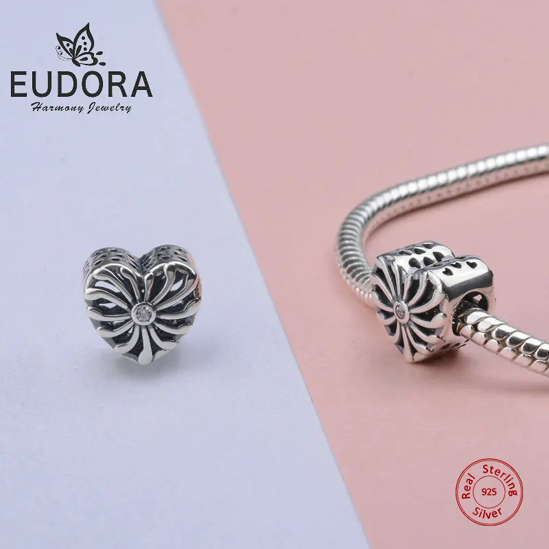 EUDORA 925 Sterling Silver Romance Flower Heart Charms Hollow out CZ Beads Fit Bracelets & Bangles DIY Jewelry girl Gift CYZ013 Fashion Jewelry