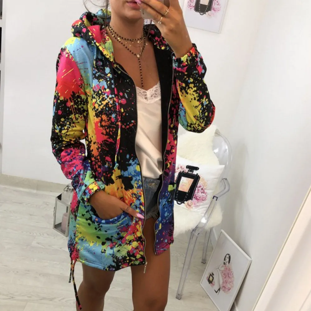 

2018 Autumn Fashion Women Jacket Colorful Print Ladies Coat Jacket Winter Hooded Sweatshirt Jacket Zipper Long Overcoat Outwear