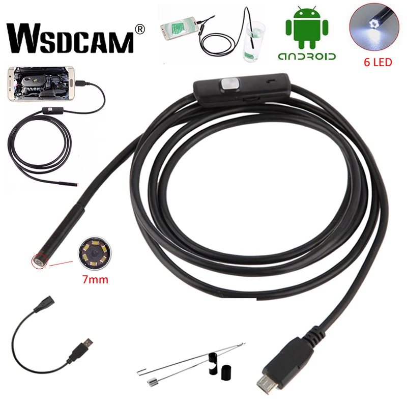 Wsdcam эндоскоп камера 7 мм 2 в 1 микро USB мини видеокамеры Водонепроницаемый 6 светодиодный бороскоп Инспекционная камера для Android Loptop