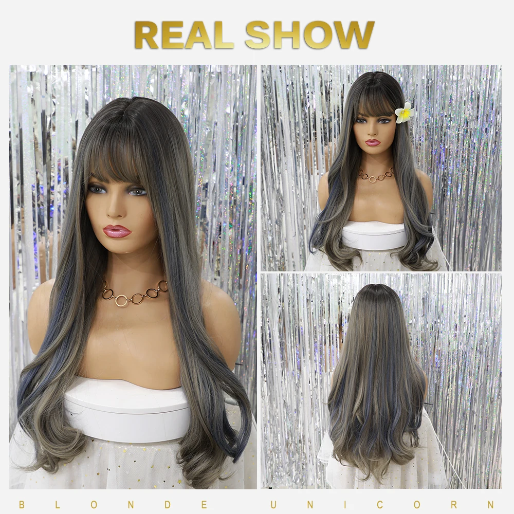Blonde Unicorn 22 Inch Long Hair Wavy Wigs with Natural Bangs Synthetic  Wigs Real Crown Highlights Grey Cosplay Hair For Women - AliExpress