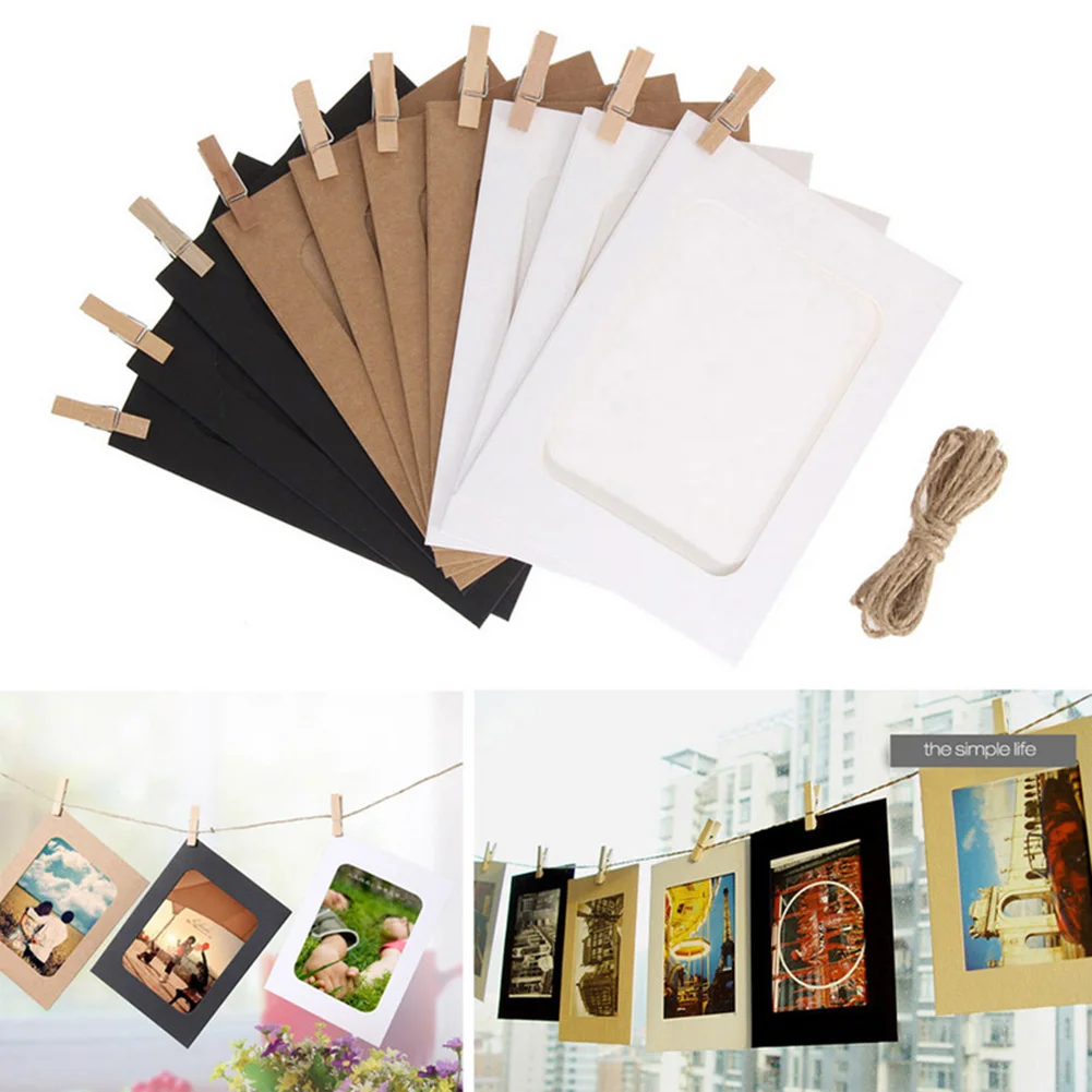 10Pcs cornice per foto in carta Kraft fai-da-te 5-7 pollici foto da parete appese cornice per foto carta Kraft con clip e corda puntelli per cabine fotografiche