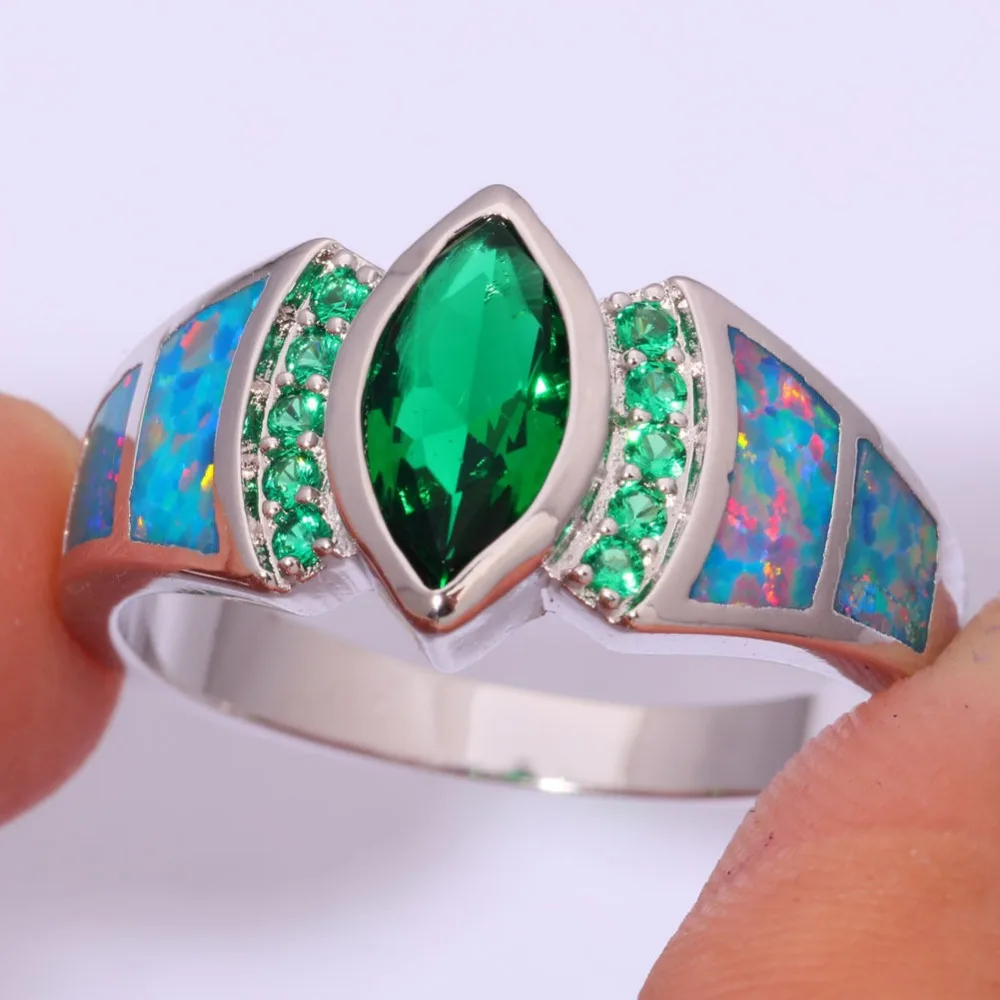 CiNily Created Rainbow Fire Opal Green Stone Silver Plated Wholesale Hot Sell Jewelry for Women Party Ring Size7 8 9 OJ6909