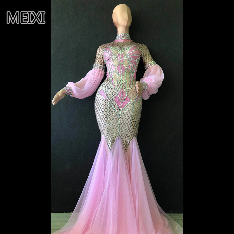

Super shiny pink glass diamond rhinestone elastic dress bar nightclub concert singer dancer costume