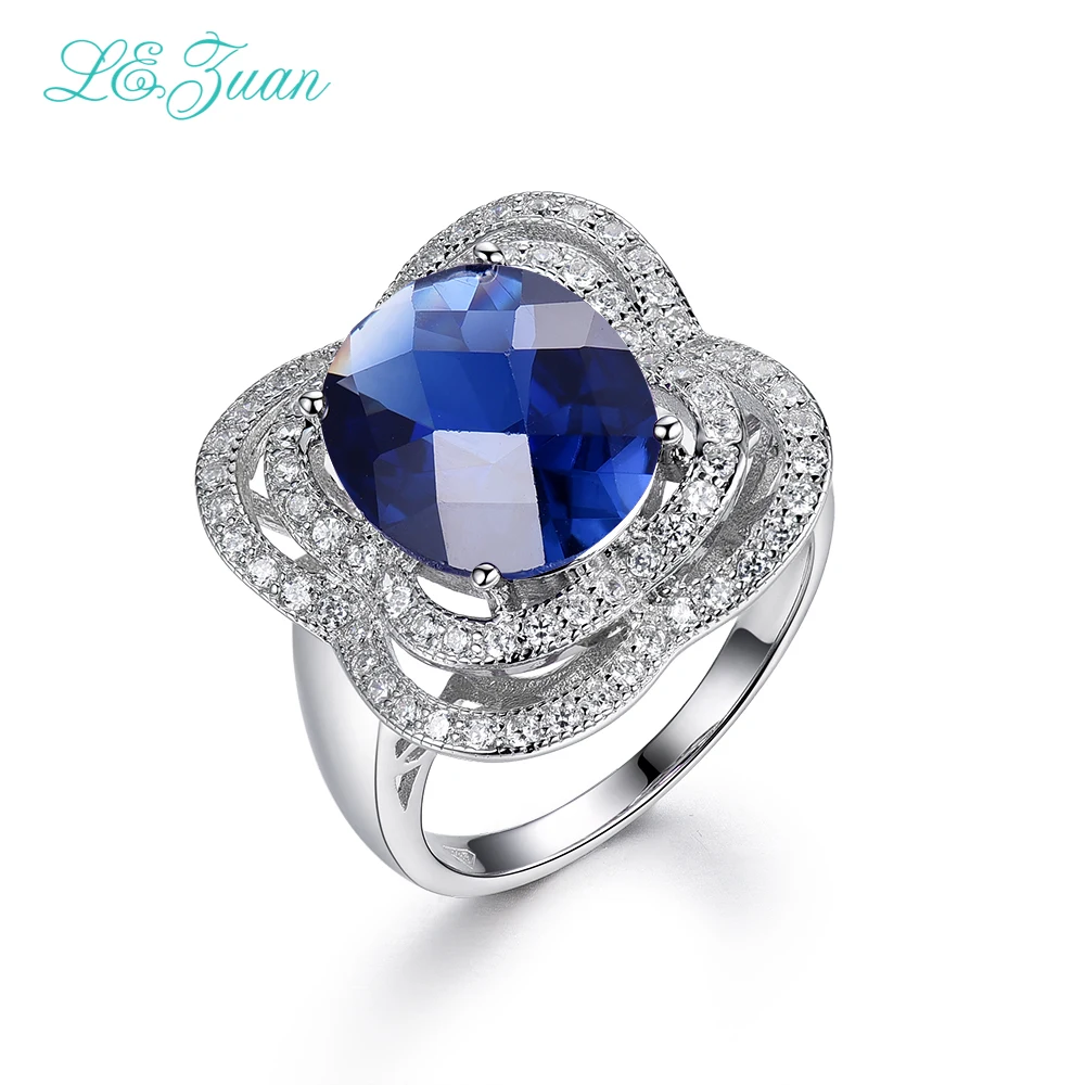 L&zuan 6.19ct Blue Stone Checkerboard Cut Rings 925 Sterling Silver Luxury Ring Fine Jewelry For Women