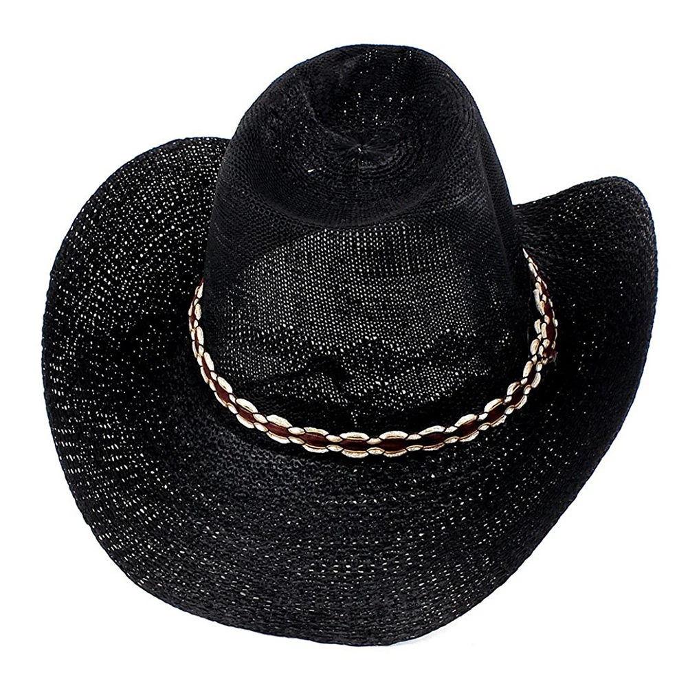 

Men's adjustable roll braided black wide-brimmed cowboy hat