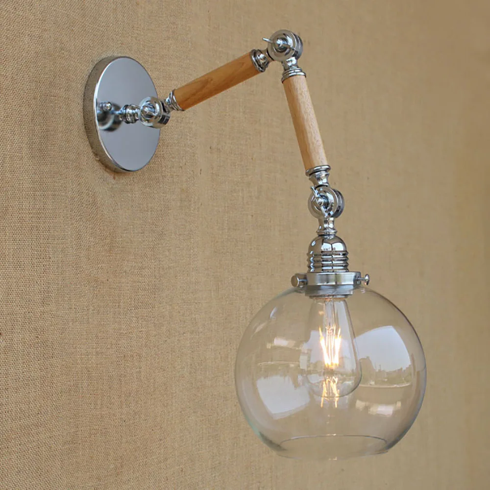 Nordic adjustable swing arm wood glass ball shade wall lamp reading E27