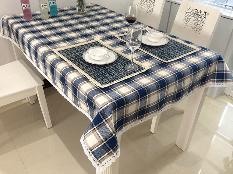Mediterranean tablecloth blue plaid cotton cloth anti skid small fresh