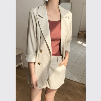

Summer Cotton and Linen Tracksuit for Women Pant Suits Notched Blazer Jacket & Irregular Waist Shorts Female Short Suit 2019