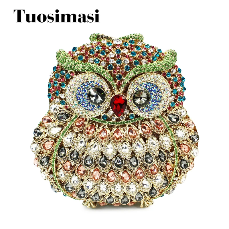 

Hollow Out Multi Stones Women Owl Crystal Clutch Evening Bags Bridal Wedding Party Prom Handbag Purse Metal Clutches With Chain