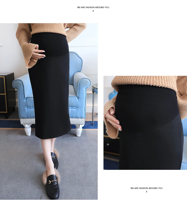Autumn Korean Fashion Maternity Skirts Elastic Waist Belly Long Skirts Side Split for Pregnant Women Pregnancy