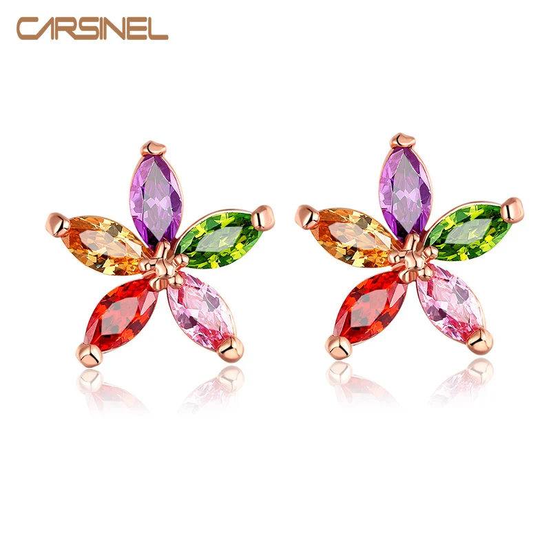 

CARSINEL Fashion Multi-Color Stone Zircon Star Shape Stud Earrings Rose Gold color Hypoallergenic Copper Girl Earrings ER0270
