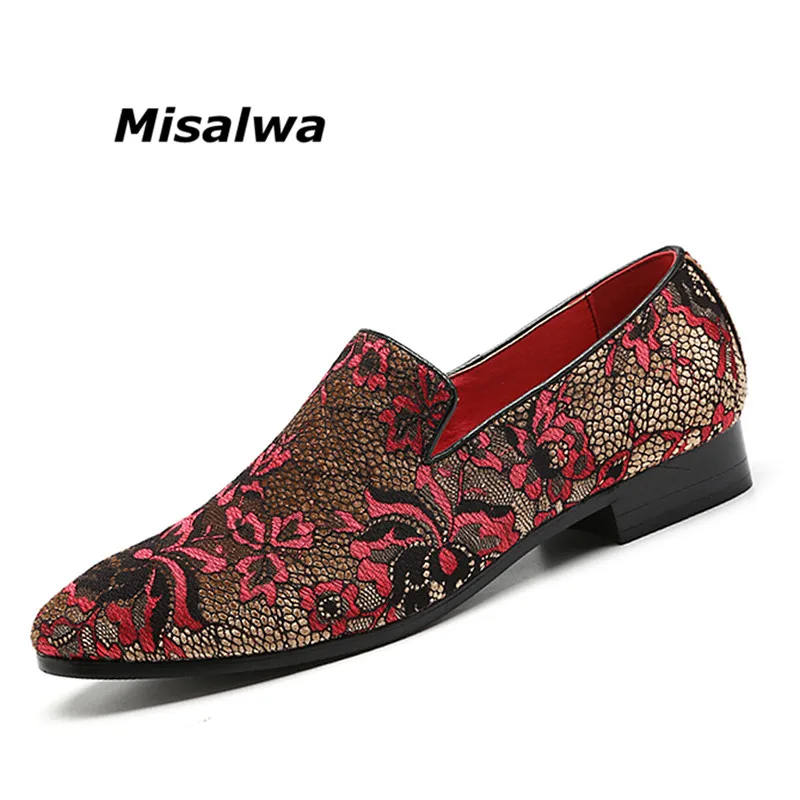 

Misalwa Chaussures Men Embroidery Loafers Red Pink Smoking Slipper Shoes Elegant Party Dress Flats Flowers Painted Casual Shoes