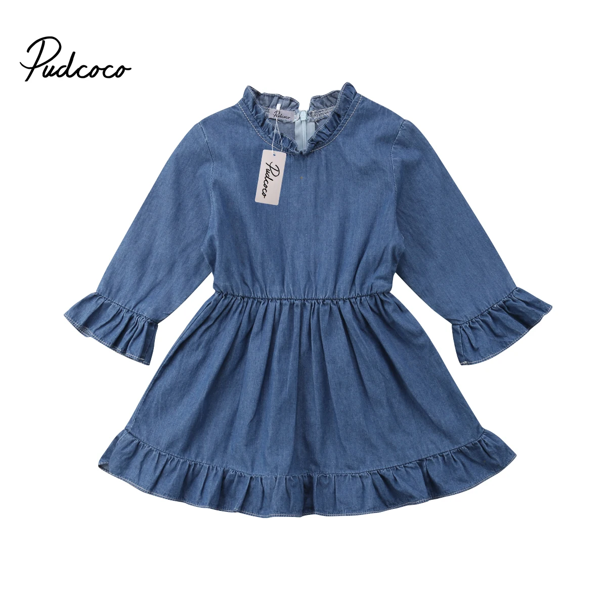 

2018 Brand New 0-18 Toddler Baby Girls Cute Dress Ruffles Flare Long Sleeve Blue Solid A-Line Knee-Length Dress Party Dress