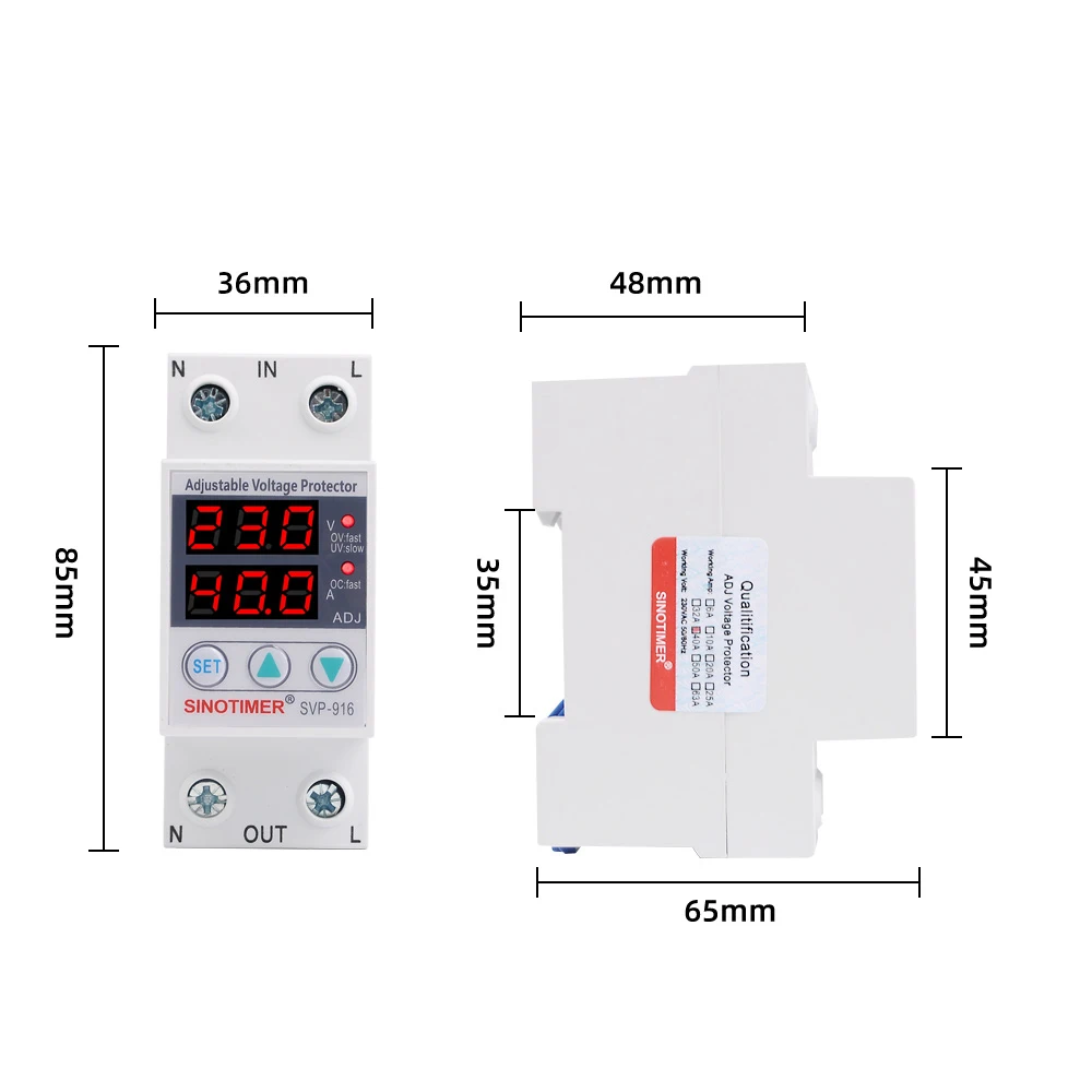 Dual LED display 40A 63A 80A din rail 230V adjustable voltage surge protector relay