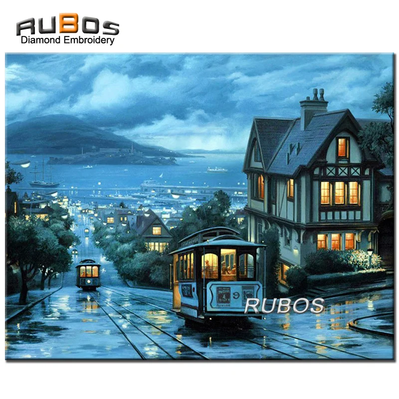 

RUBOS 5D DIY Diamond Painting Night Tram City Landscape Full Drill Beads Pattern Diamond Embroidery New Arrival For Home Hobby
