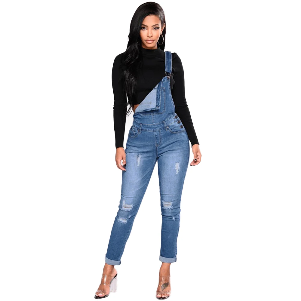 Women Denim Overalls Ripped Stretch Dungarees High Waist Long Jeans Pencil Pants Rompers 2018 New Jumpsuit Blue Jeans Jumpsuits
