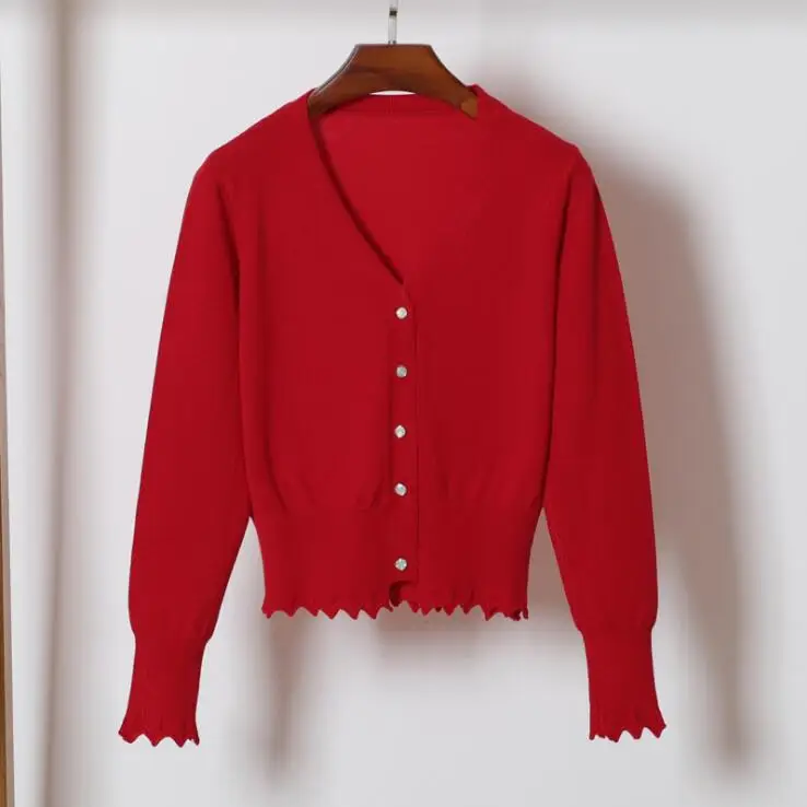 Queechalle, 9 цветов, v-образный вырез, вязаный кардиган, женский,, весна, осень, кардиган, женский, Повседневный, длинный рукав, топы, женский свитер, пальто - Цвет: red