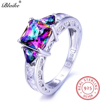 

Blaike 100% Real 925 Sterling Silver Mystic Fire Topaz Rings For Women Men Square Rainbow Zircon Ring Birthstone Jewelry Gifts