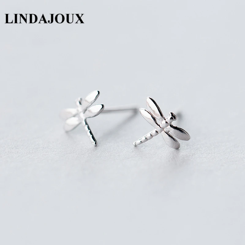 

LINDAJOUX Cute Dragonfly Shaped 925 Sterling Silver Stud Earrings For Women 8*7.5MM Small Studs Earring